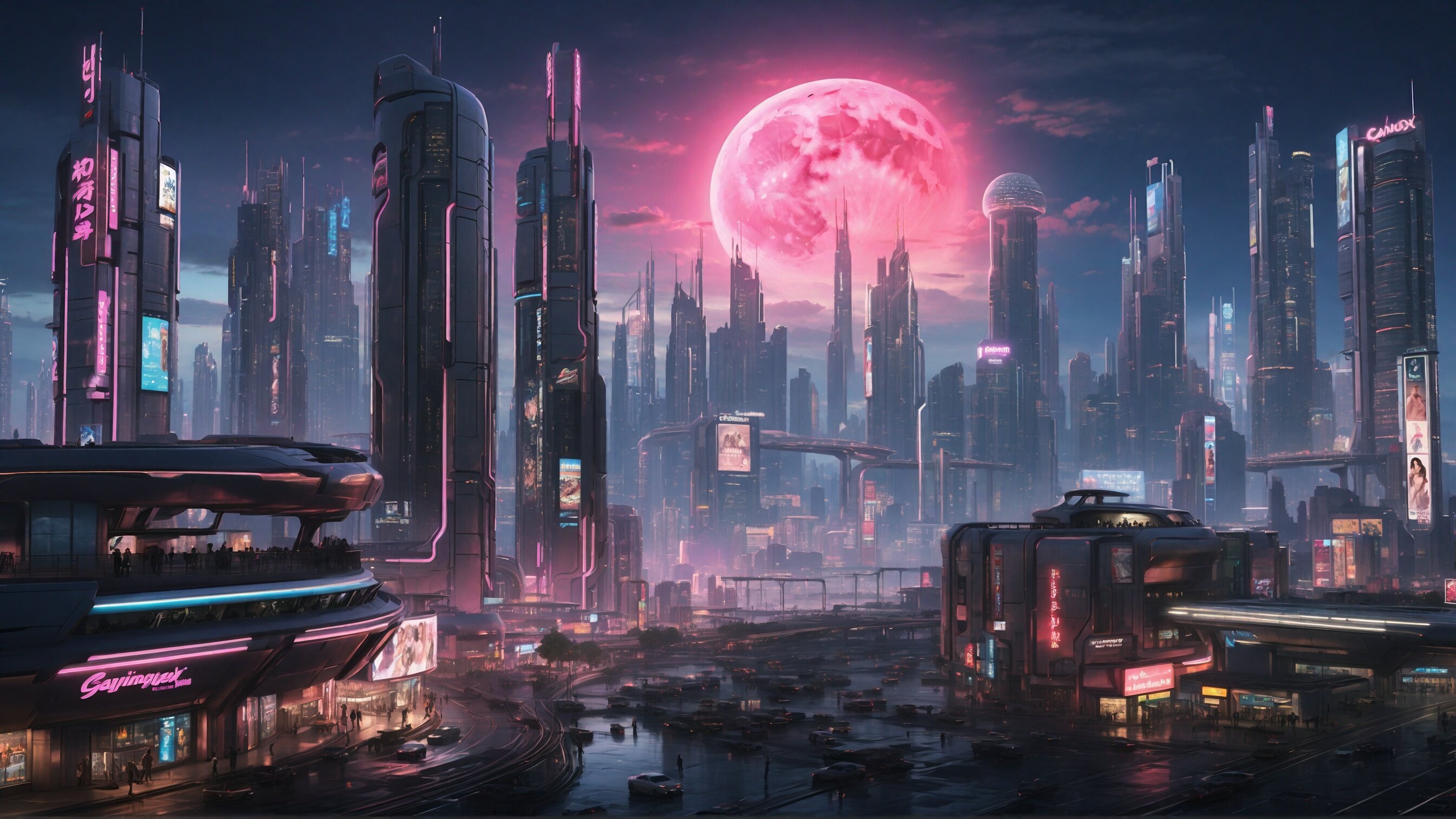 Cyberpunk futuristic city at midnight with bright pink moon