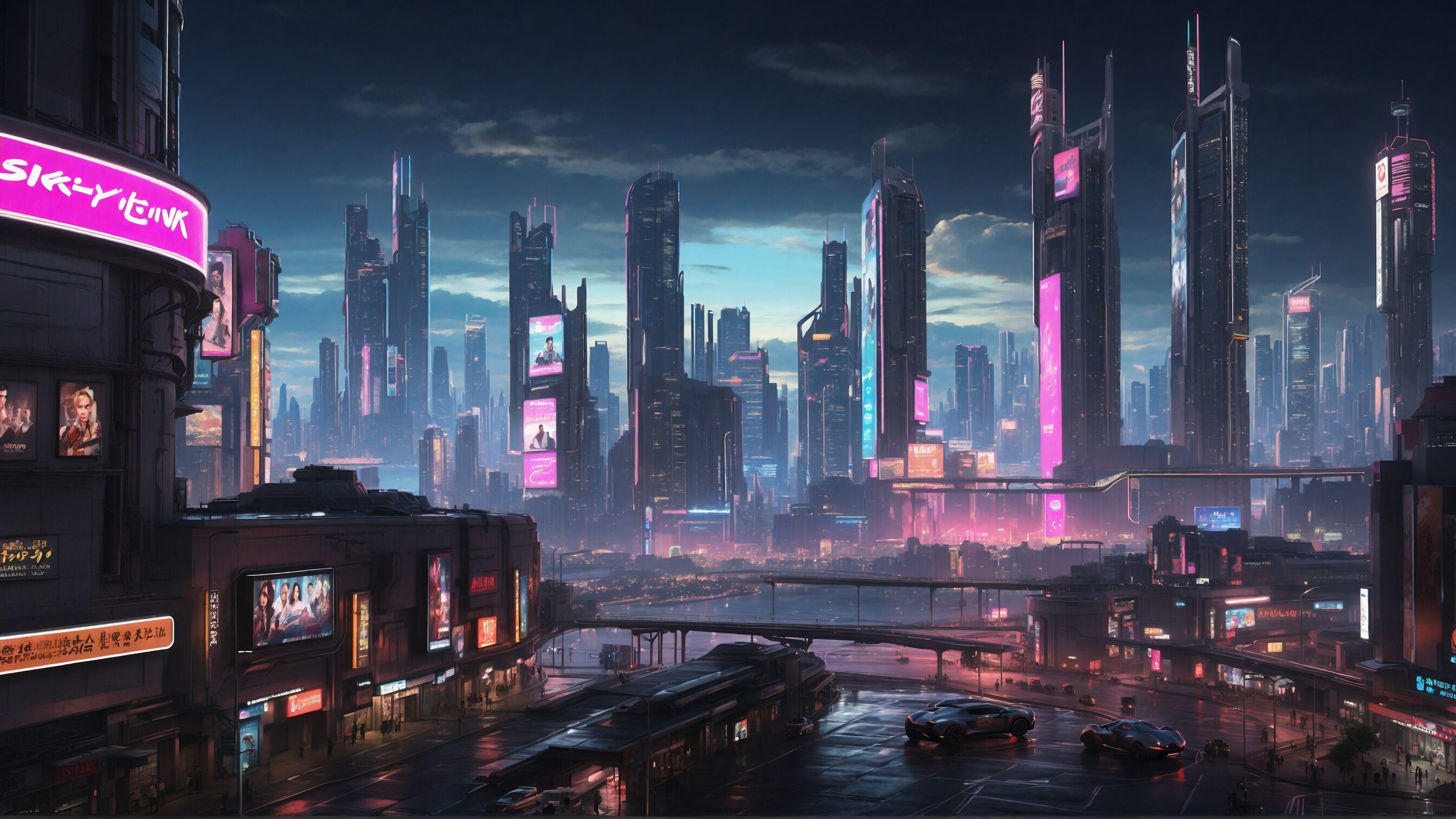 Cyberpunk futuristic city in the evening, skyscapers in the distance