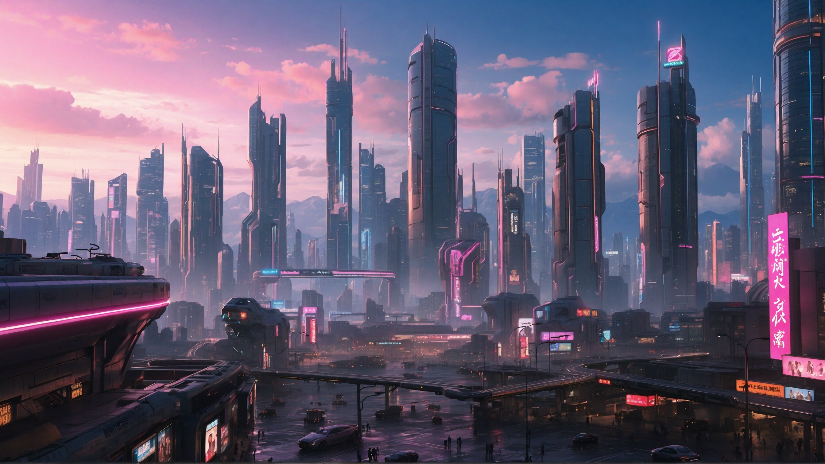 Cyberpunk futuristic city at dawn, skyscapers in the distance
