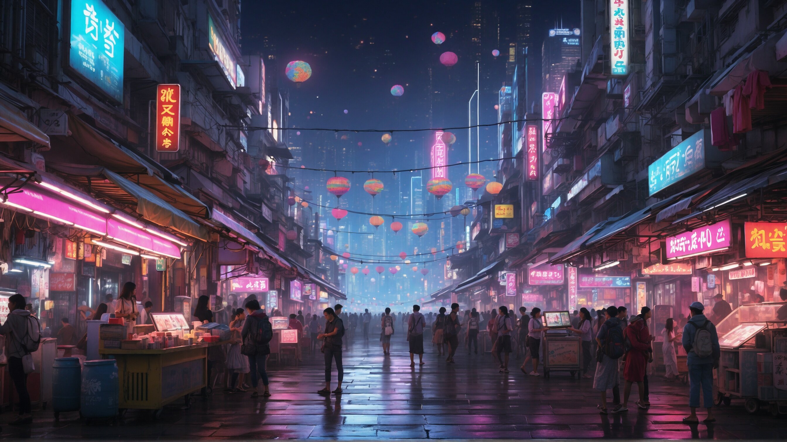 Cyberpunk futuristic city street market at night with people shopping