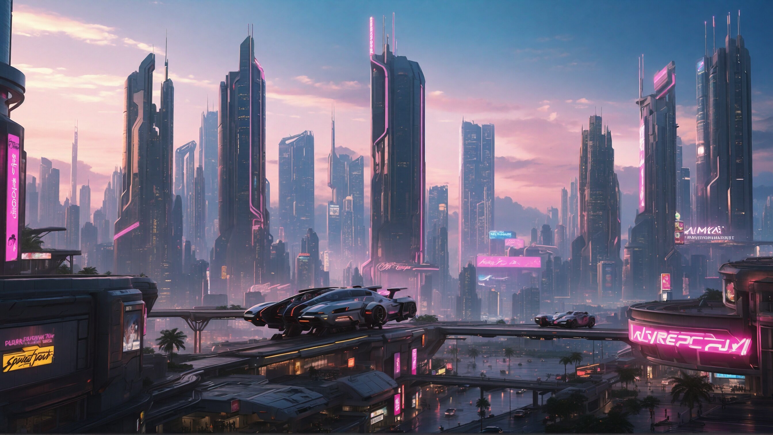 Cyberpunk futuristic city at dawn, spaceship restaurant in foreground